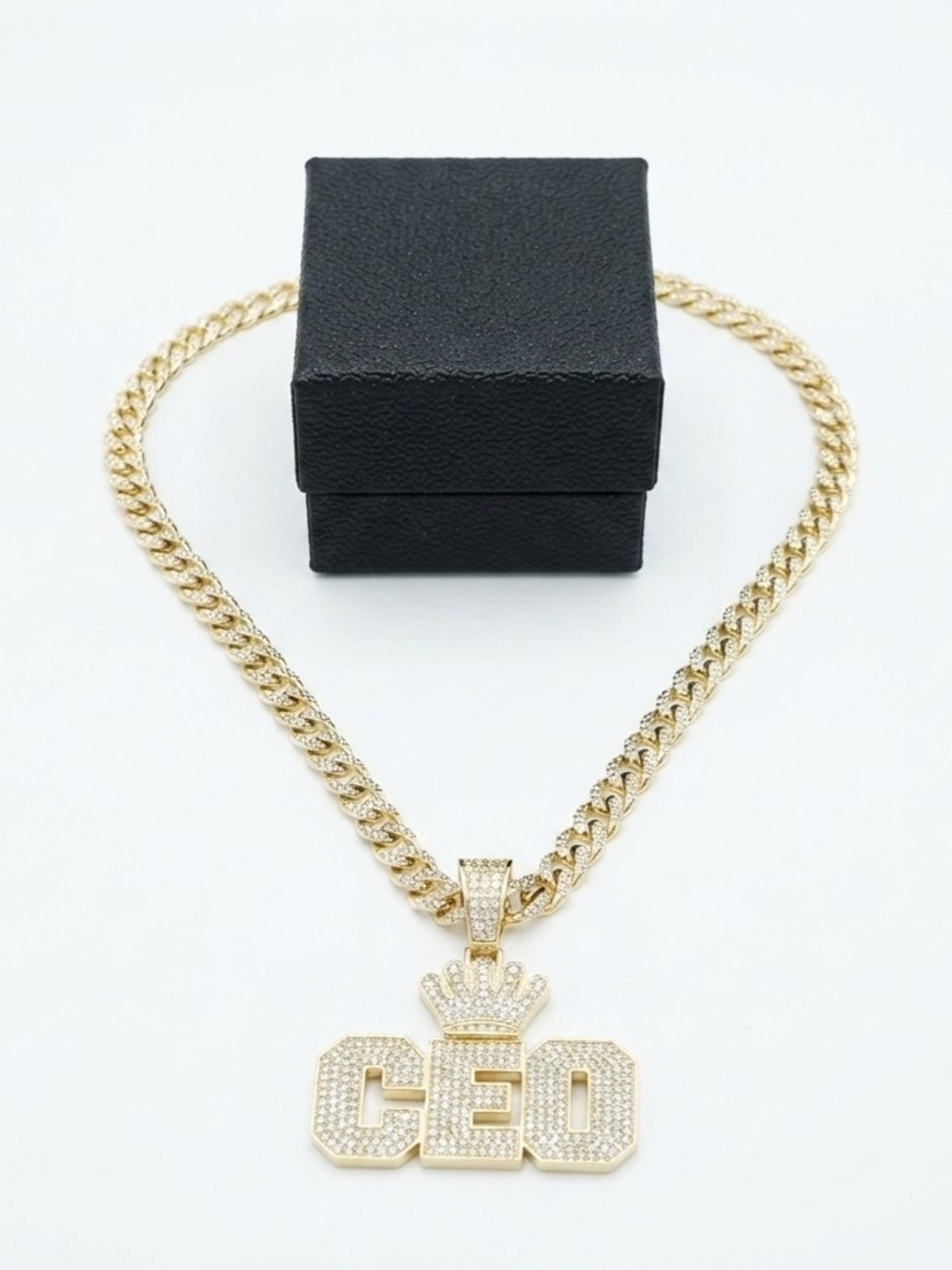 14K Gold Plated "CEO" Crown Iced-Out Pendant & Chain